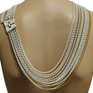 1940s Crown Trifari 15 Strand Gold White Chain Necklace Foldover Clasp